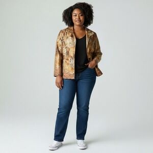 Chicos Womens Size 3 Silk Blend Floral Sequin Open Front Jacket Brown Tan Bronze